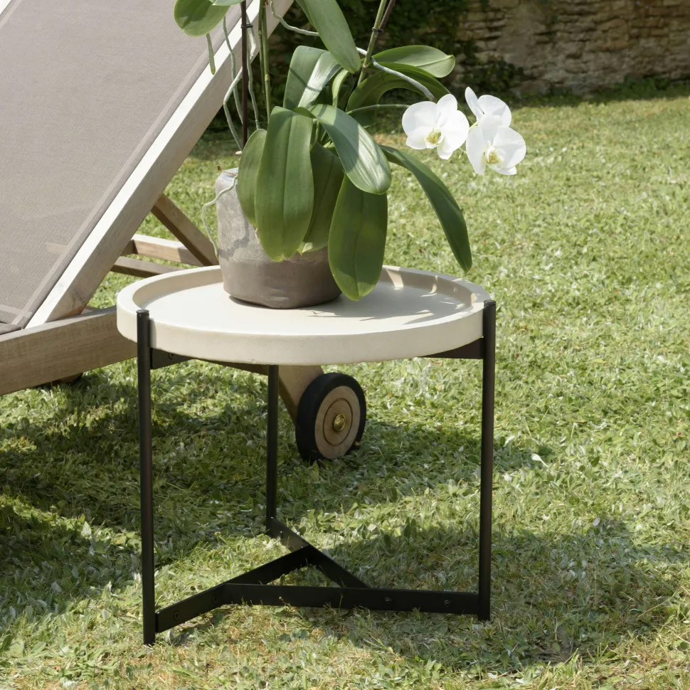 Table d'appoint ronde de jardin plateau béton beige pieds métal HERCULE