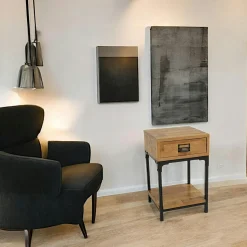 Table de Chevet / Bout de Canapé 1 tiroir, 1 plateau bas en Hévéa recyclé naturel et métal 35x35x55cm LOFT