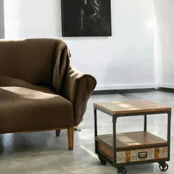 Table de Chevet / Bout de Canapé 1 tiroir, 1 plateau bas en Hévéa recyclé coloré et métal 35x35x55cm LOFT COLORS