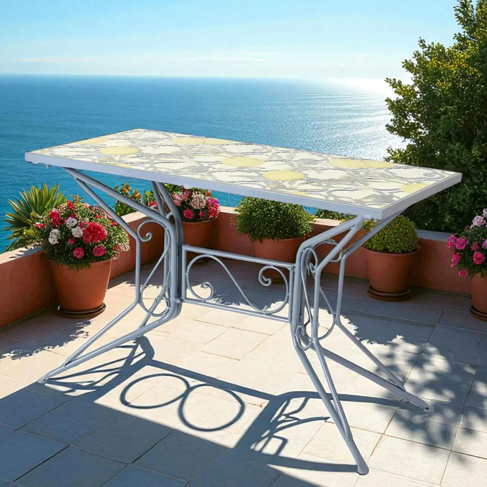 Table de jardin bleue décor mosaïque citrons 118 cm GRENADE