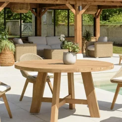 Table de jardin ronde D150 cm teck recyclé naturel MANY