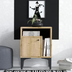 Table de nuit avec rangement effet chêne - 1 porte 1 niche JENA