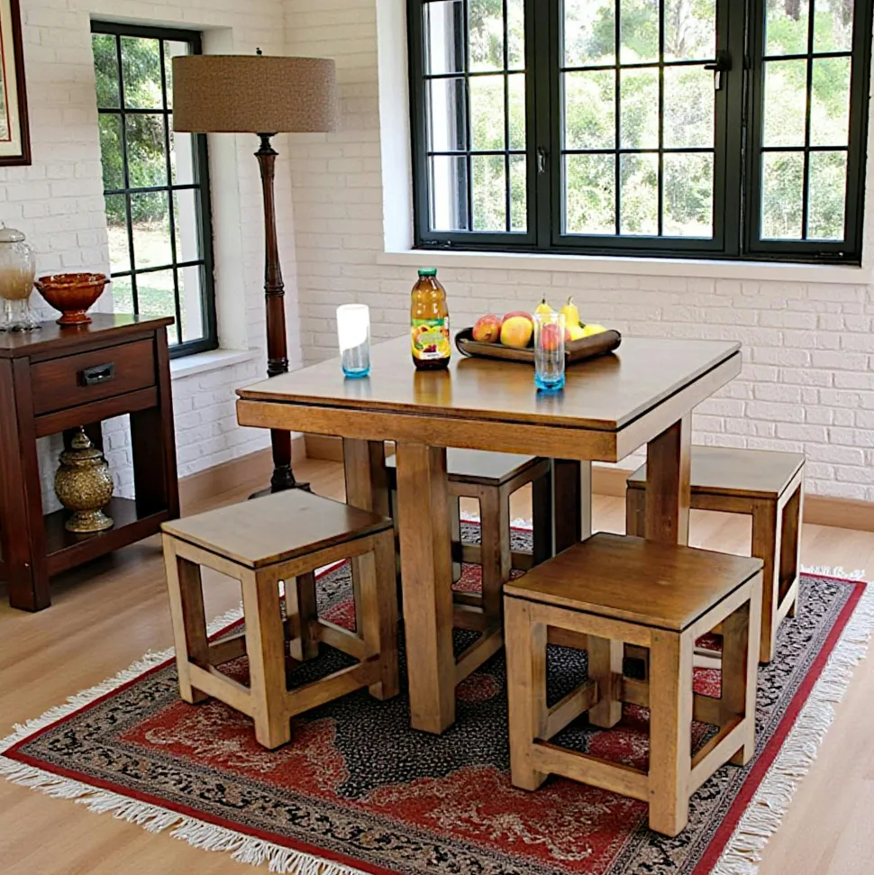 Table de repas Hévéa 90x90x76cm et ses 4 tabourets HELENA