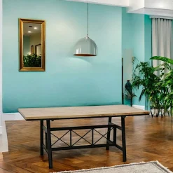 Table de Repas plateau en Hévéa recyclé naturel et pieds métal avec croisillons 180x90x76cm LOFT