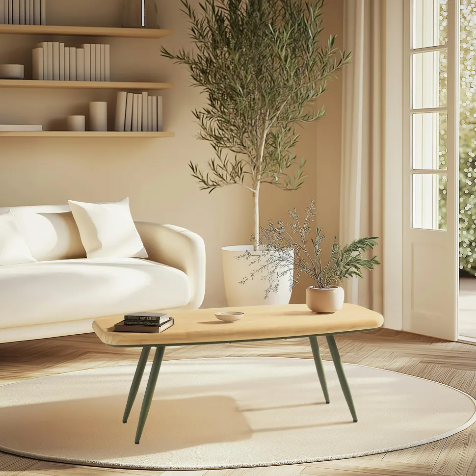 Table de salon bois clair et pieds métal vert BAGAN
