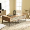 Table de salon bois exotique pieds métal croisés 2 tiroirs motifs losanges KANHA