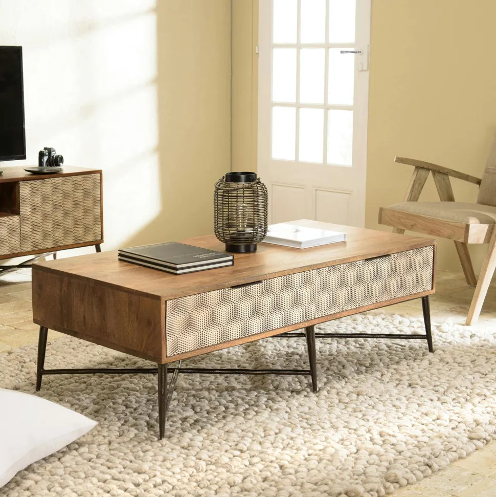 Table de salon bois exotique pieds métal croisés 2 tiroirs motifs losanges KANHA
