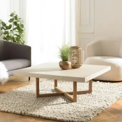 Table de salon carrée béton beige pieds bois croisés DIKA