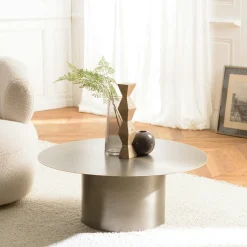 Table de salon ronde métal argenté bord doré D80 cm ZALA