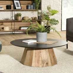 Table de salon ronde pin recyclé et métal 90 cm CRACOVIE