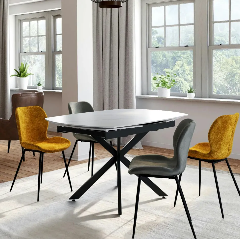 Table extensible céramique marbrée blanche pied mikado 140-200 cm OTTAWA