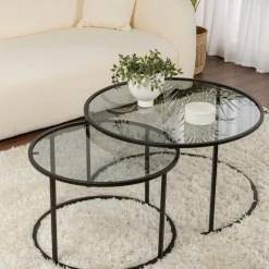 Table gigogne en verre - cadre noir (lot de 2) ⌀60 cm TULUM