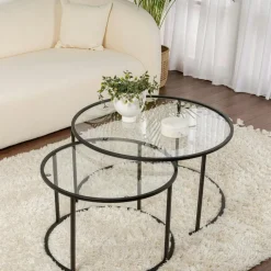 Table gigogne en verre - cadre noir (lot de 2) ⌀80 cm TULUM