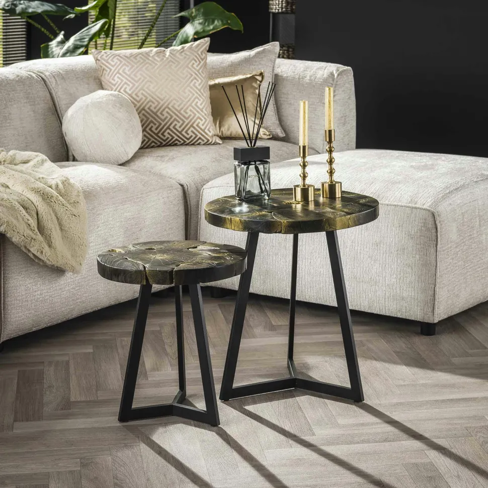 Table gigogne ronde en teck recyclé noir et or (2 pièces) NOVA
