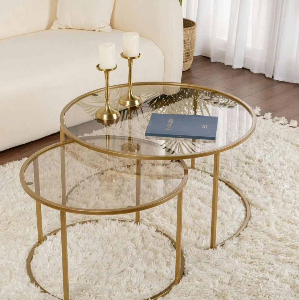 Table gigogne verre ambré - cadre doré (lot de 2) ⌀80 cm TULUM