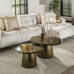 Table gigogne verre ambré - cadre doré (lot de 2) ⌀80 cm TULUM