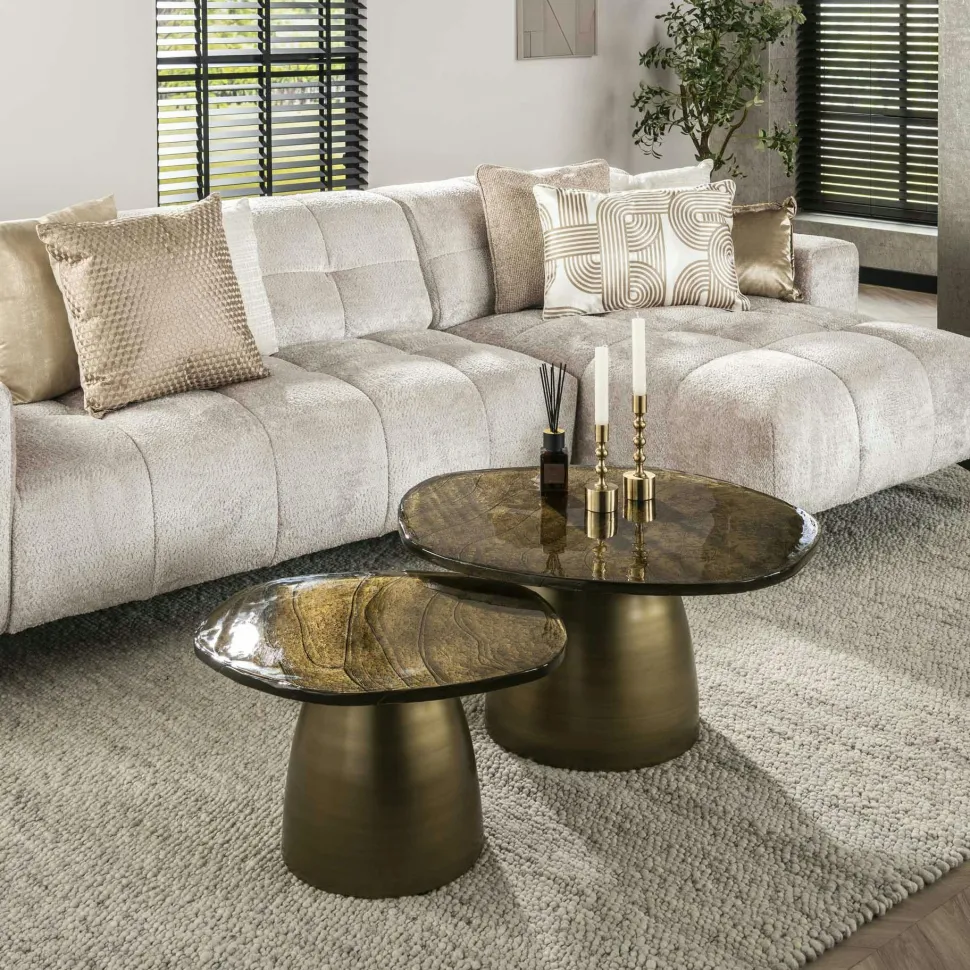Table gigogne verre ambré - cadre doré (lot de 2) ⌀80 cm TULUM