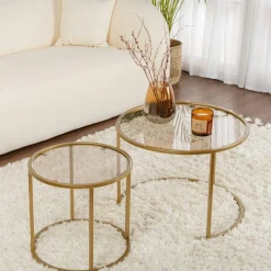 Table gigogne verre ambré - cadre doré (lot de 2) ⌀60 cm TULUM