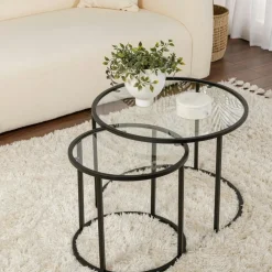 Table gigogne verre fumé - cadre noir (lot de 2) ⌀80 cm TULUM