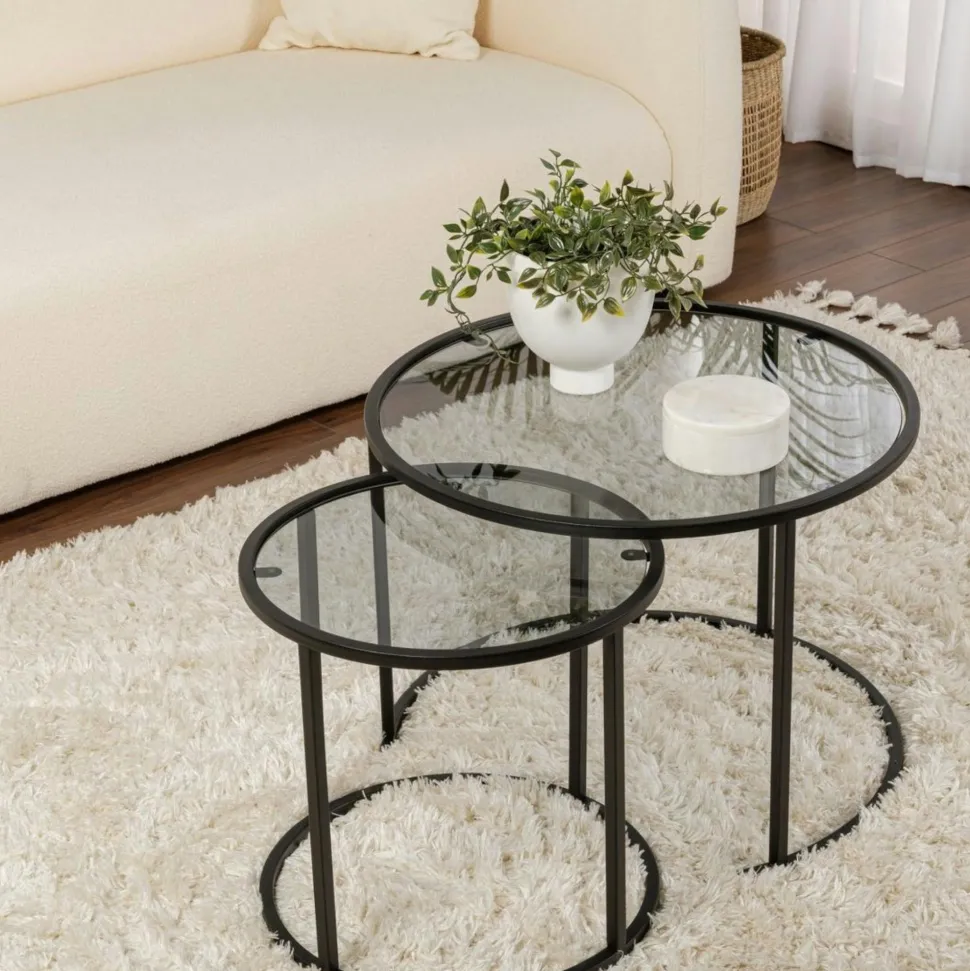 Table gigogne verre fumé - cadre noir (lot de 2) ⌀60 cm TULUM