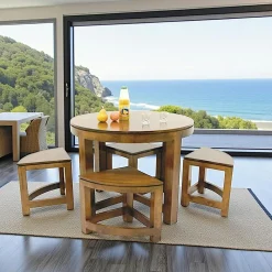 Table repas ronde D100cm hévéa + 4 tabourets MAORI