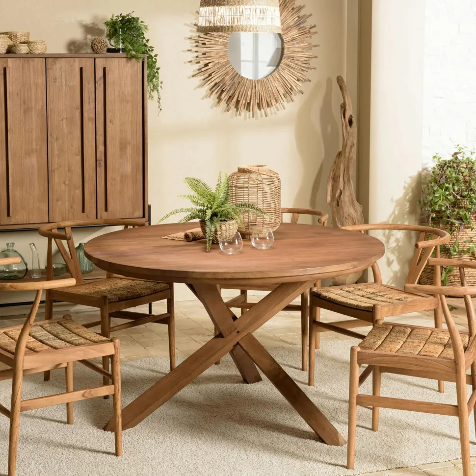 Table ronde en teck massif recyclé 130 cm pied croisé bois SWING