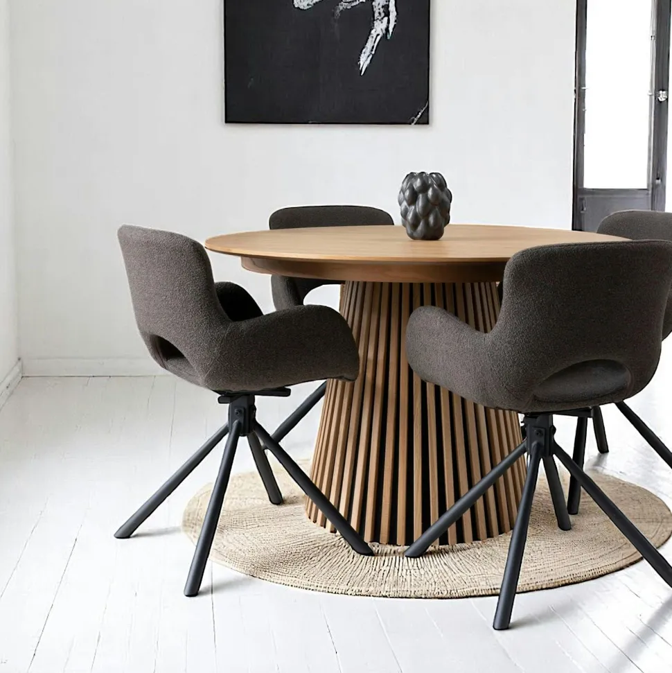 Table ronde extensible en chêne clair avec piètement baguette (3 rallonges incluses) ø120 cm /160 cm / 200 cm / 240 cm AMSTERDAM