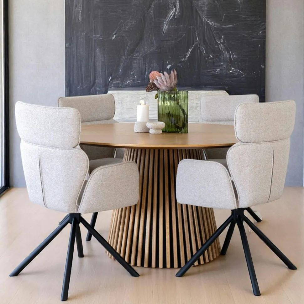 Table ronde extensible en chêne clair avec piètement baguette (3 rallonges incluses) ø120 cm /160 cm / 200 cm / 240 cm AMSTERDAM
