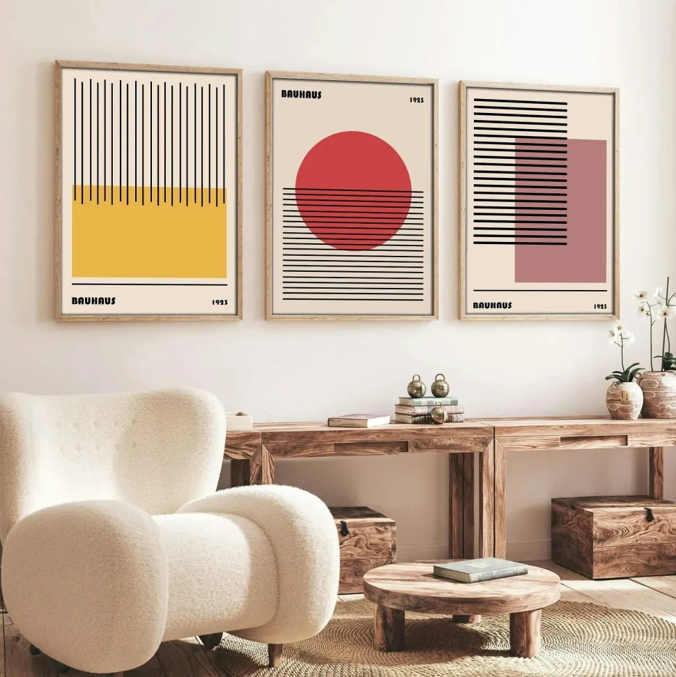 Tableau abstrait – style Bauhaus, cadre bois (lot de 3)