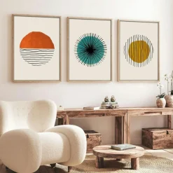 Tableau abstrait – style Bauhaus, cadre bois (lot de 3)