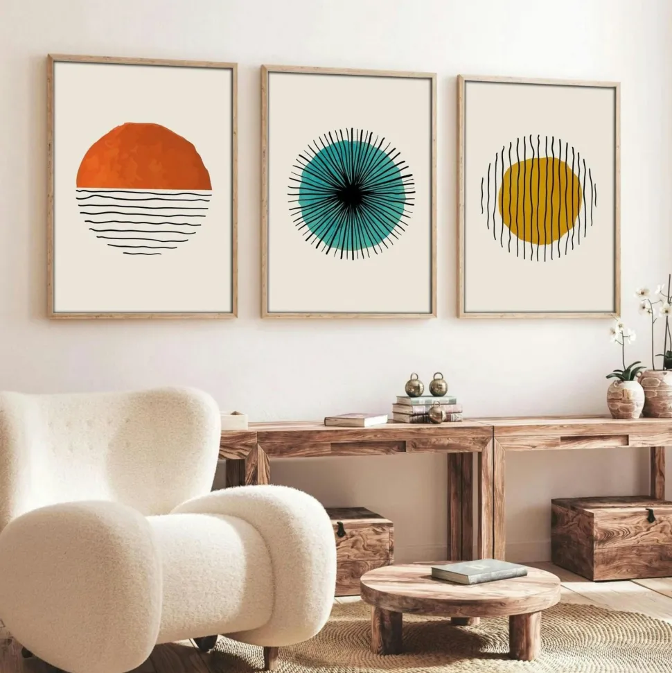 Tableau abstrait – style Bauhaus, cadre bois (lot de 3)