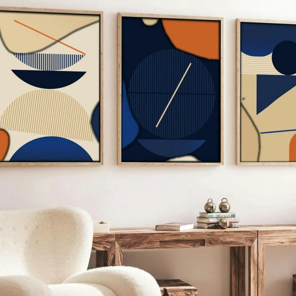 Tableau abstrait – style Bauhaus, cadre bois (lot de 3)