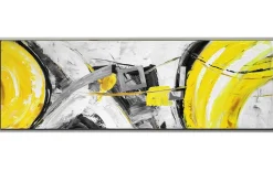 Tableau abstrait jaune et gris formes métalliques cadre argent