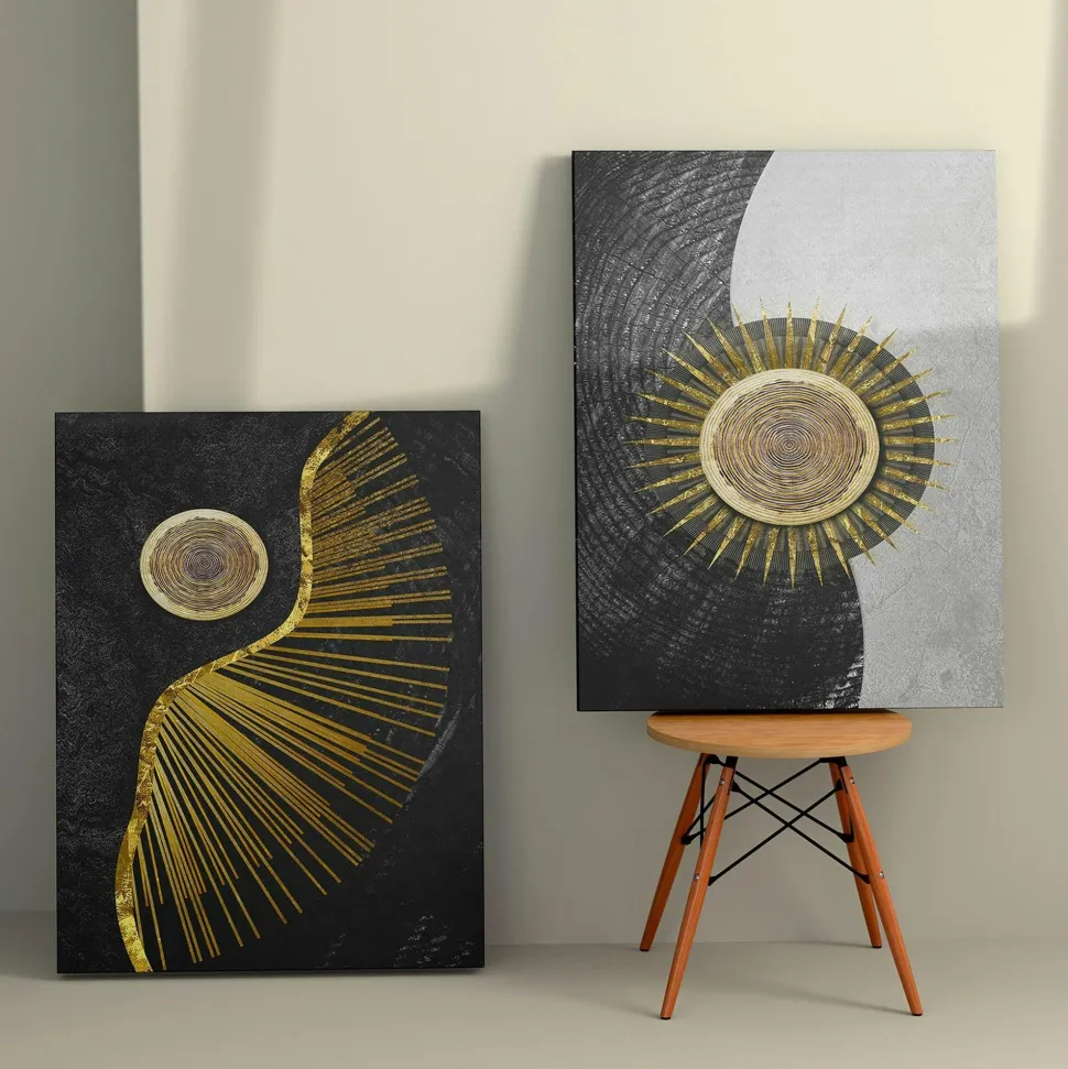 Tableau abstrait soleil or – fond noir et argent (set de 2)
