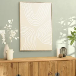 Tableau blanc lignes abstraites peinture au sable 83 x 123 cm