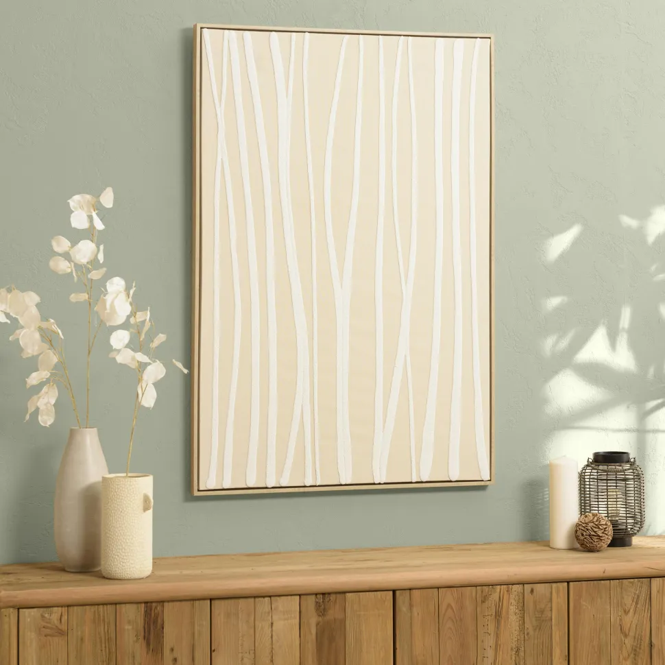 Tableau écru lignes blanches peinture au sable 83 x 123 cm