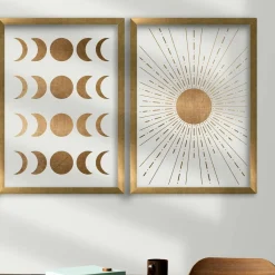 Tableau décoratif doré soleil et lune – cadre (set de 2)