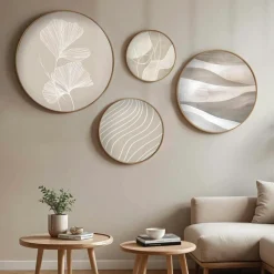 Tableau rond zen beige et bois – nature abstraite (set de 4)