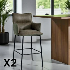 Tabouret bar bi-matière vert avec dossier (lot de 2) KERALA