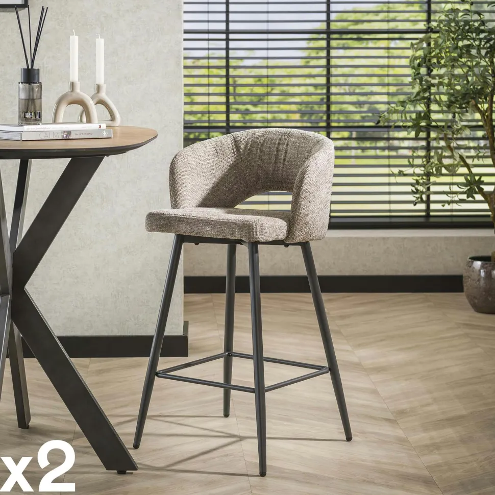 Tabouret de bar beige sable en velours tissé avec dossier ouvert (lot de 2) GALWAY