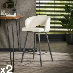 Tabouret de bar en tissu bouclette blanc avec dossier ouvert (lot de 2) GALWAY