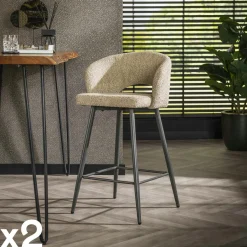 Tabouret de bar en tissu bouclette gris avec dossier ouvert (lot de 2) GALWAY
