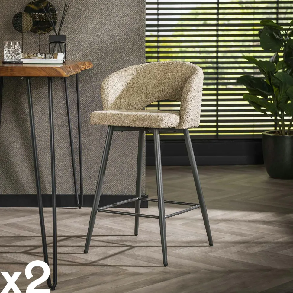 Tabouret de bar en tissu bouclette gris avec dossier ouvert (lot de 2) GALWAY