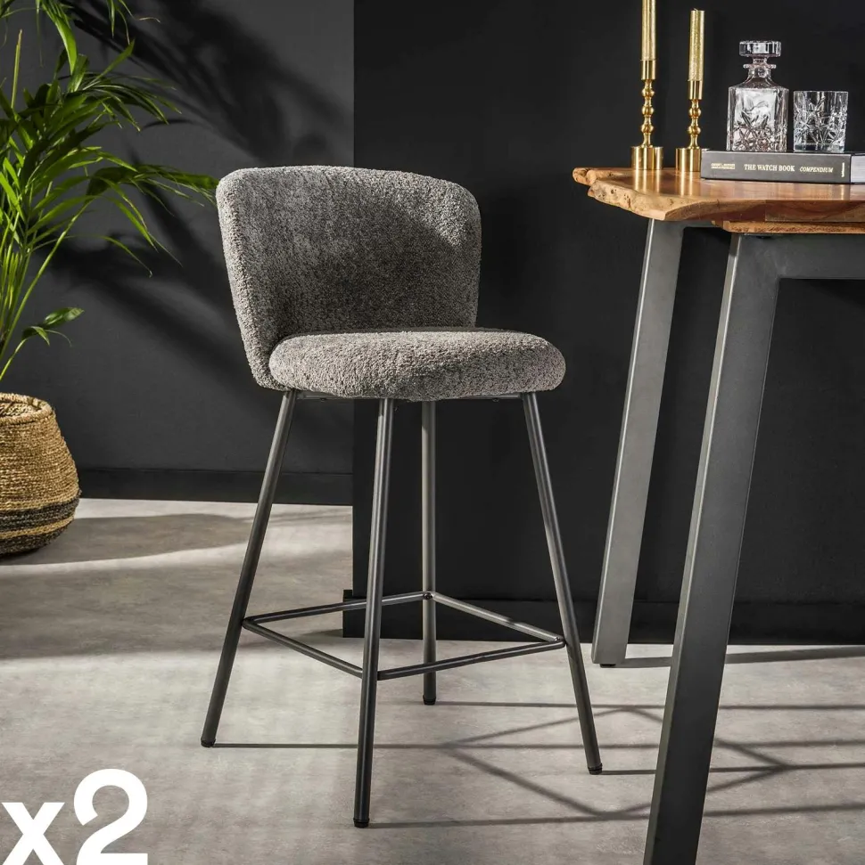 Tabouret de bar en tissu bouclette gris avec dossier ouvert (lot de 2) GALWAY
