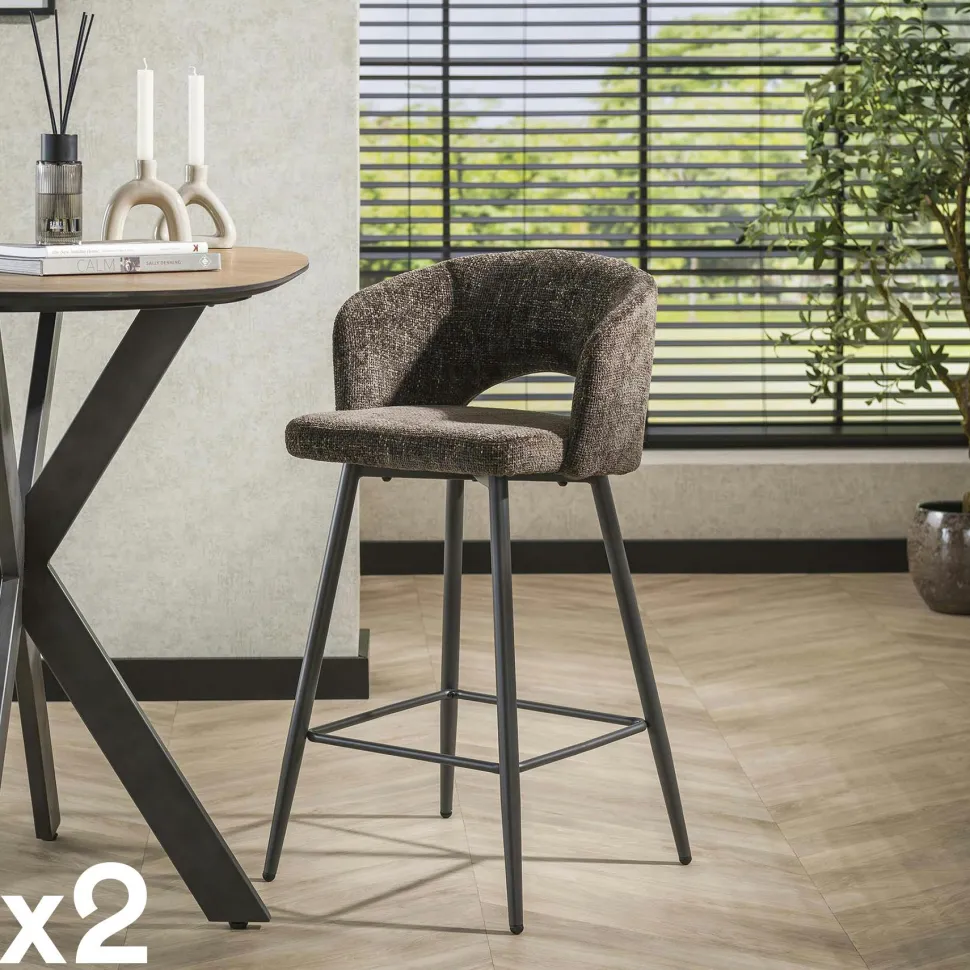 Tabouret de bar marron en velours tissé avec dossier ouvert (lot de 2) GALWAY