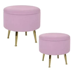 Tabouret pouf rond tissu rose pieds dorés TIM (lot de 2)