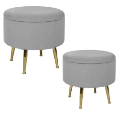 Tabouret pouf rond tissu gris pieds dorés TIM (lot de 2)