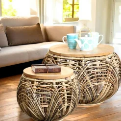 Tabouret pouf rond tissu gris pieds dorés TIM (lot de 2)