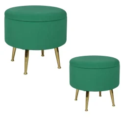 Tabouret pouf rond tissu vert pieds dorés TIM (lot de 2)