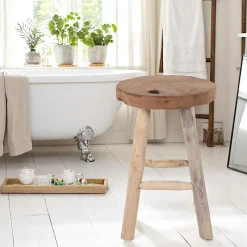 Tabouret rond en bois de teck avec 4 pieds - style campagne ARIZONA